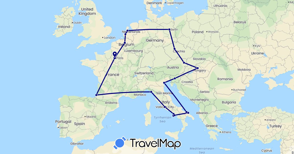 TravelMap itinerary: driving in Austria, Belgium, Czech Republic, Germany, France, Hungary, Italy, Netherlands, Slovenia (Europe)